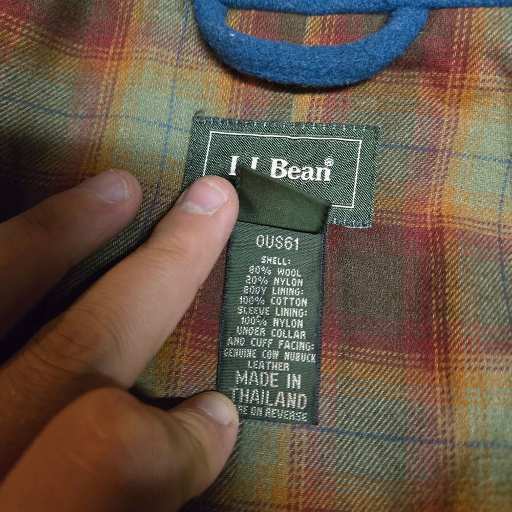 Vintage 90s LL Bean Wool Barn Coat Womens Petite L Blue Plaid Suede Chore Jacket - Picture 4 of 8